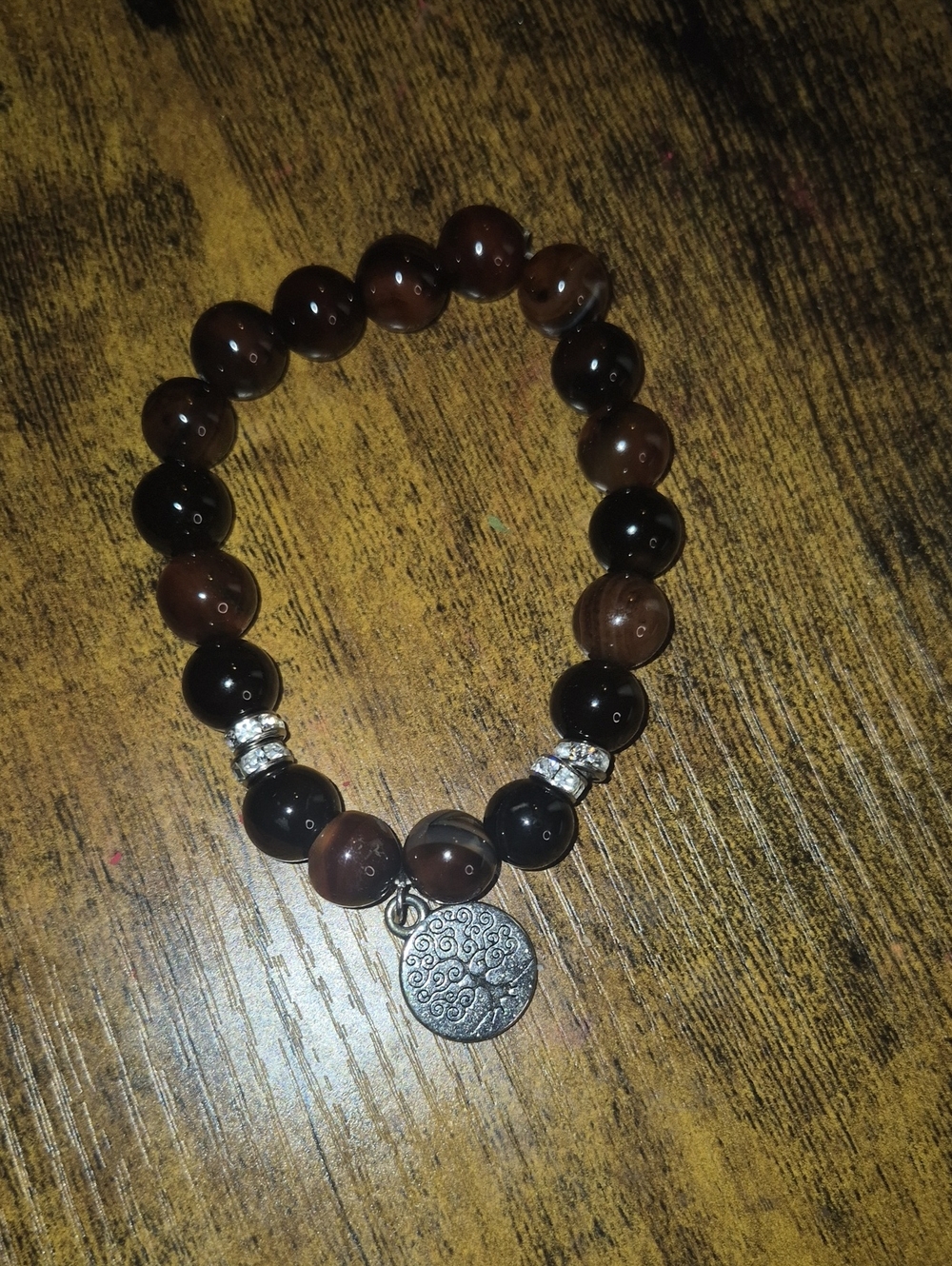Vintage Beaded Stretch Small,Med,large Brown & Black Tree Of Life Charm Bracelet